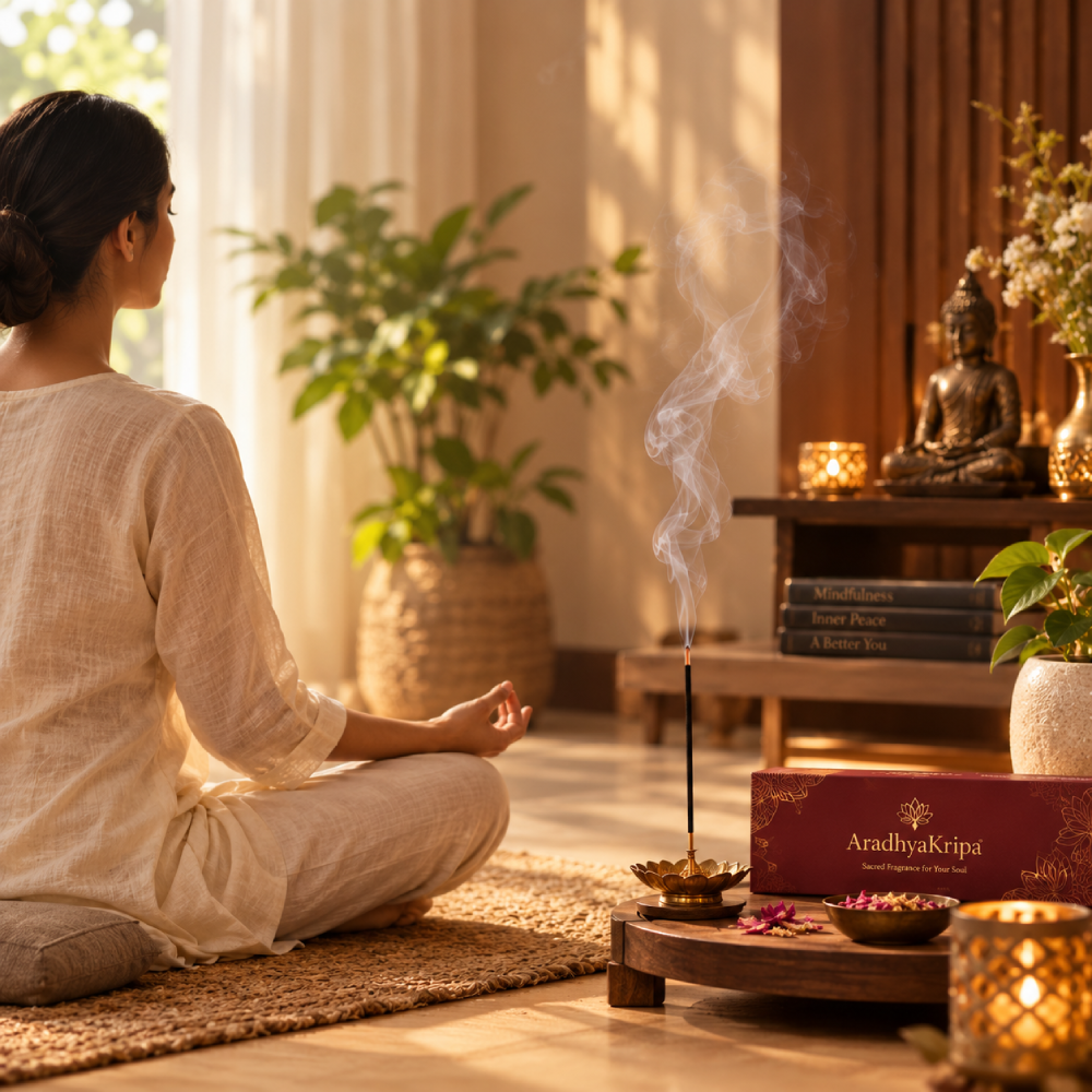 Quiet meditation space with AradhyaKripa fragrance
