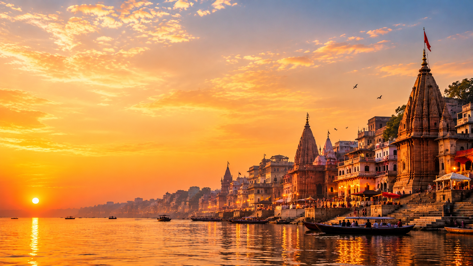 Sunrise light over the Ganga and the Kashi riverfront